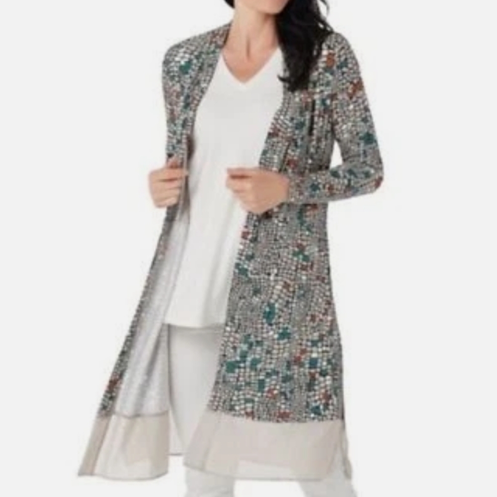 LOGO Lori Goldstein Leticia Mosaic Print Open Front Duster Cardigan 4X Petite